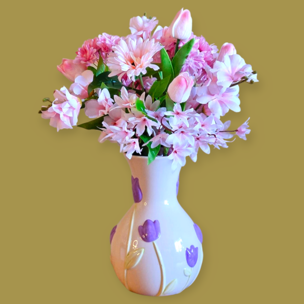 Lila Witte Tulpenvaas met Roze Kunstbloemen