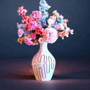 Prachtig Groot Kunstbloemen Arrangement in Handgeschilderde Alu vaas