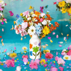 sfeervolle afbeelding van een kleurrijke vaas gevuld met een mix van levensechte kunstbloemen