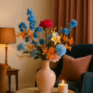 Kunstboeket met Gouden Takken - Blauw, Oranje, Roze en Paars